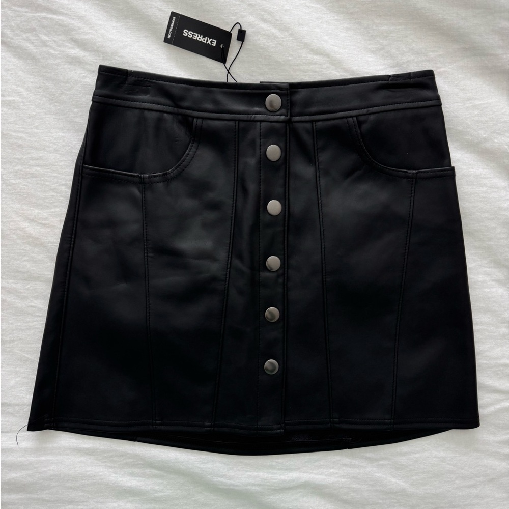 Express New Black Faux Leather and Like New Army Green Mini Skirt - Picture 3 of 9